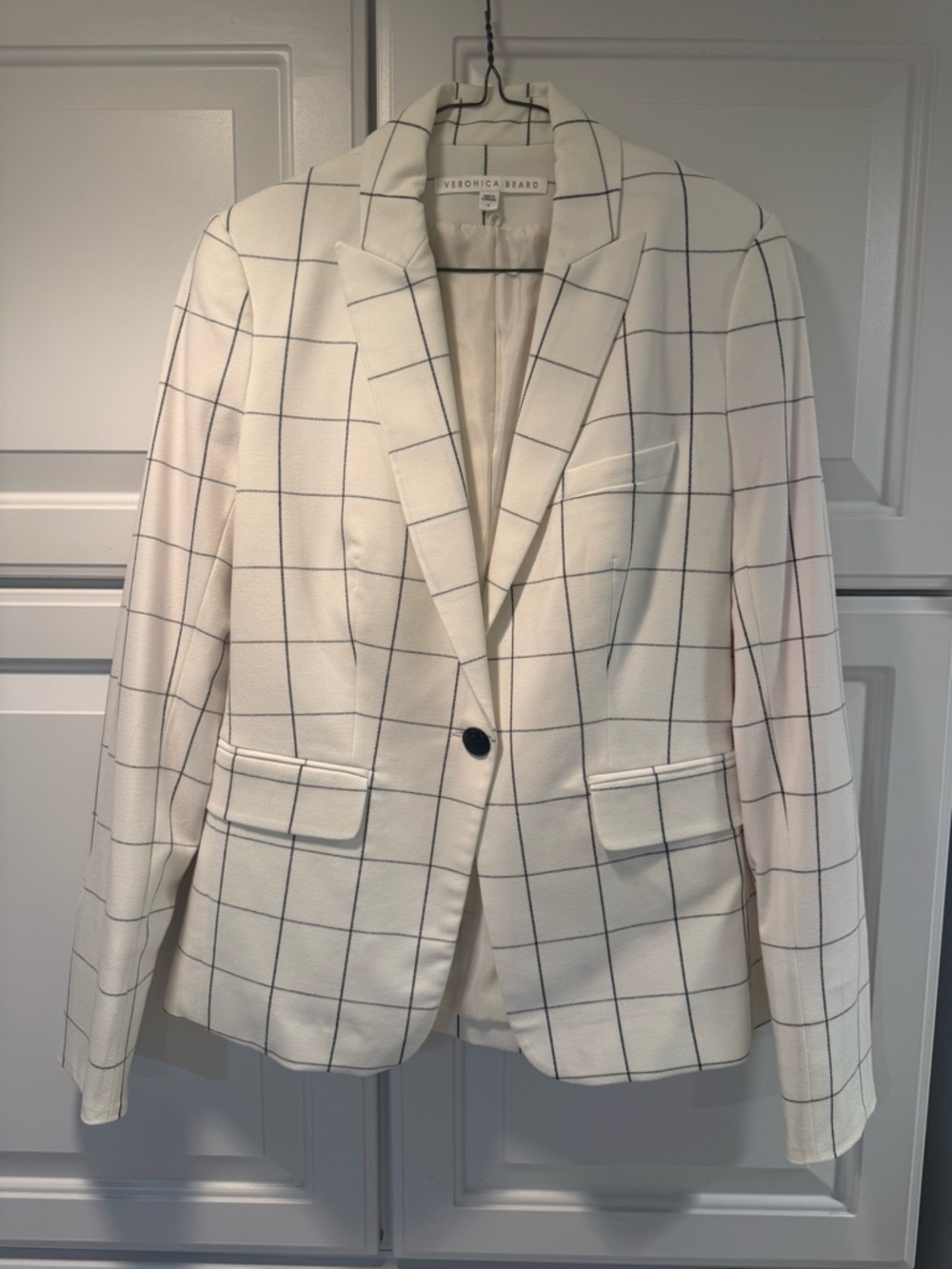 Veronica Beard White Windowpane Single-Button Blazer with Navy Grid